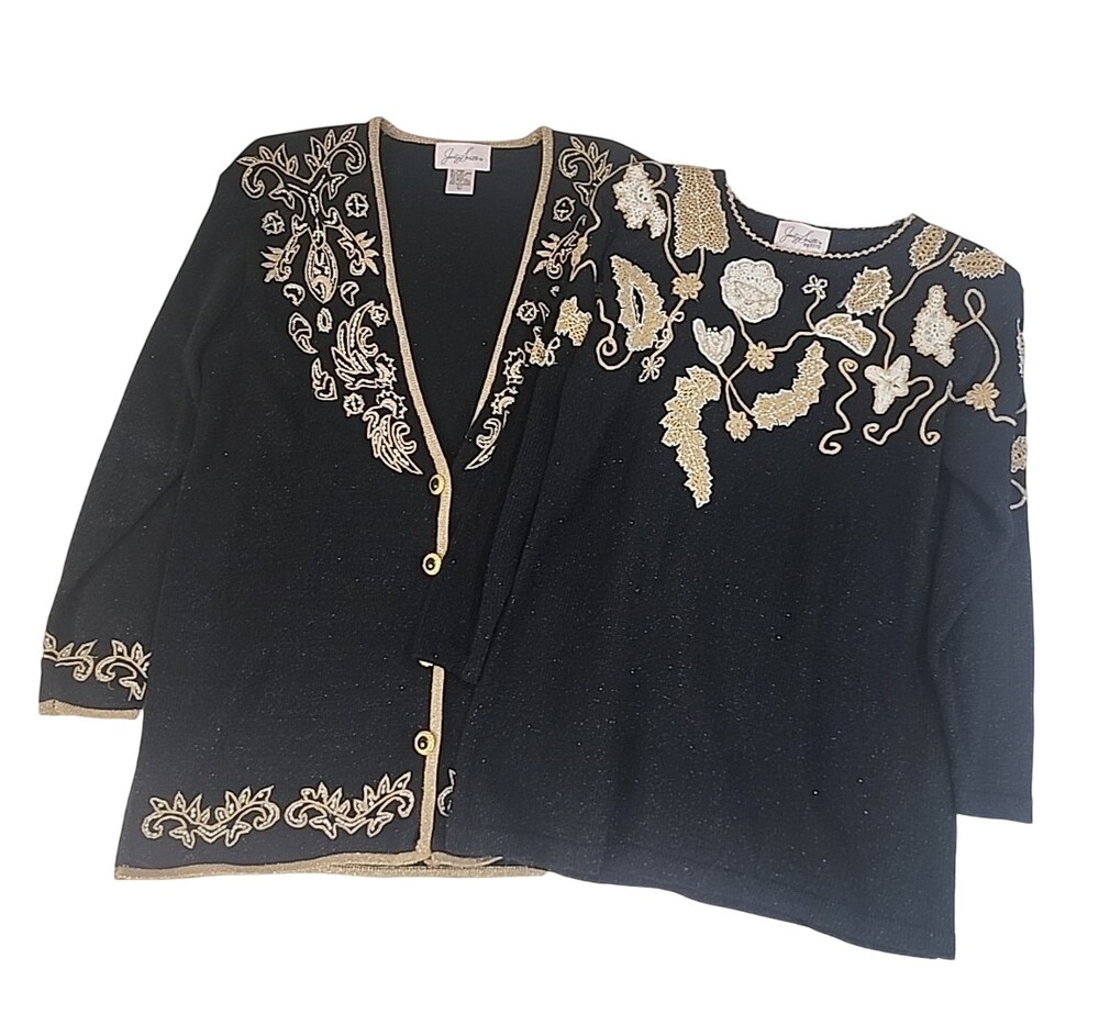 Vintage 2 Pc 90s Cardigan Sweater Large Petite Metallic Embroidered Beaded #1675